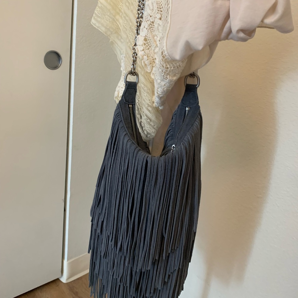 Monserat De Lucca Gray Fringe Crossbody Bag